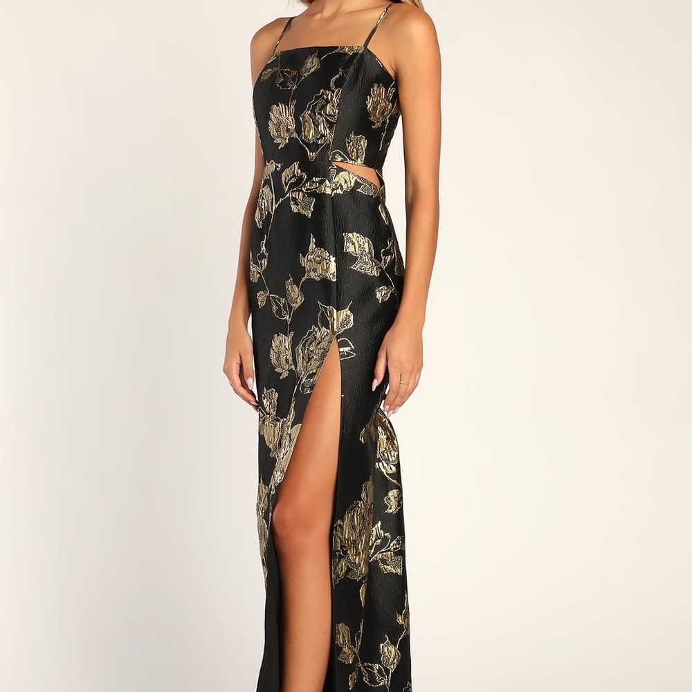 LULUS Charming Beauty Black Floral Jacquard Sleeveless Maxi Dress